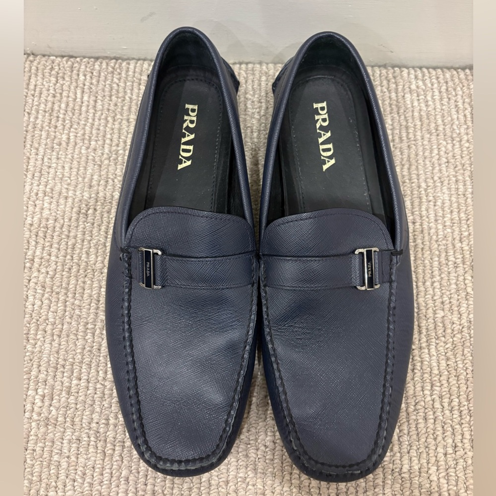 Prada Men's Blue Leather Penny Loafers